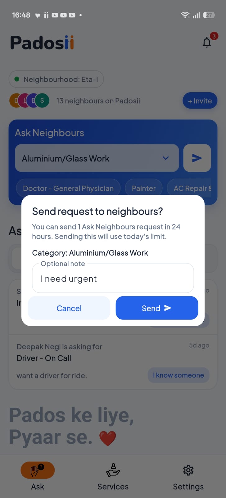 Padosii Ask neighbours screen