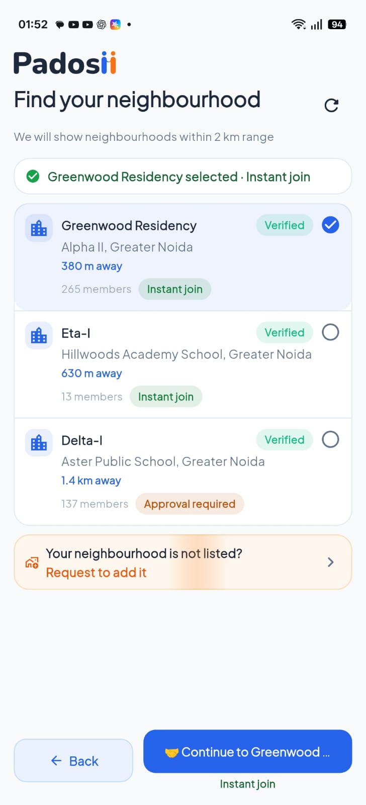 Padosii neighbourhood selection screen