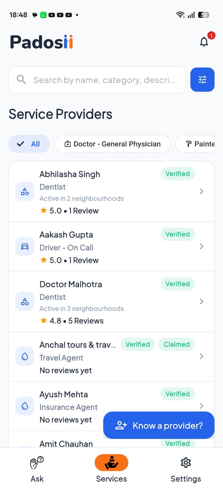 Padosii Contacts screen